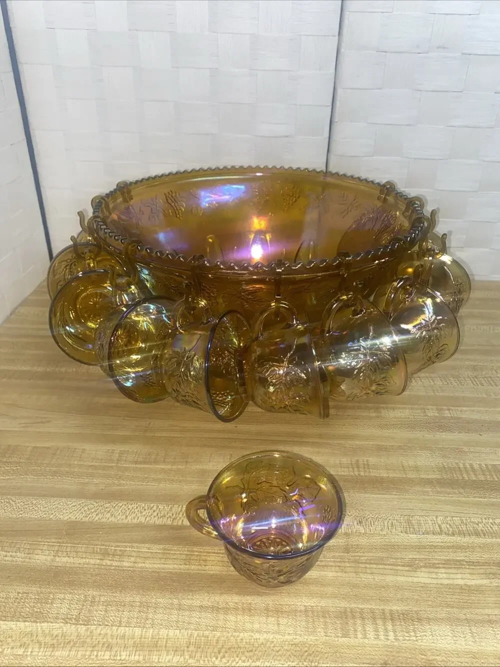60s 70s Indiana Glass Iridescent Marigold Carnival Glass Punch Bowl 12 Cup Set